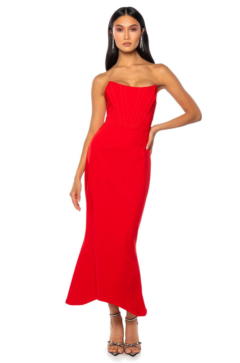 SIREN CORSET STRAPLESS MERMAID MIDI DRESS IN RED | AKIRA