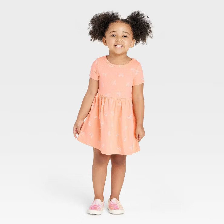 Toddler Girls' Butterfly Short Sleeve Dress - Cat & Jack™ Peach Orange | Target