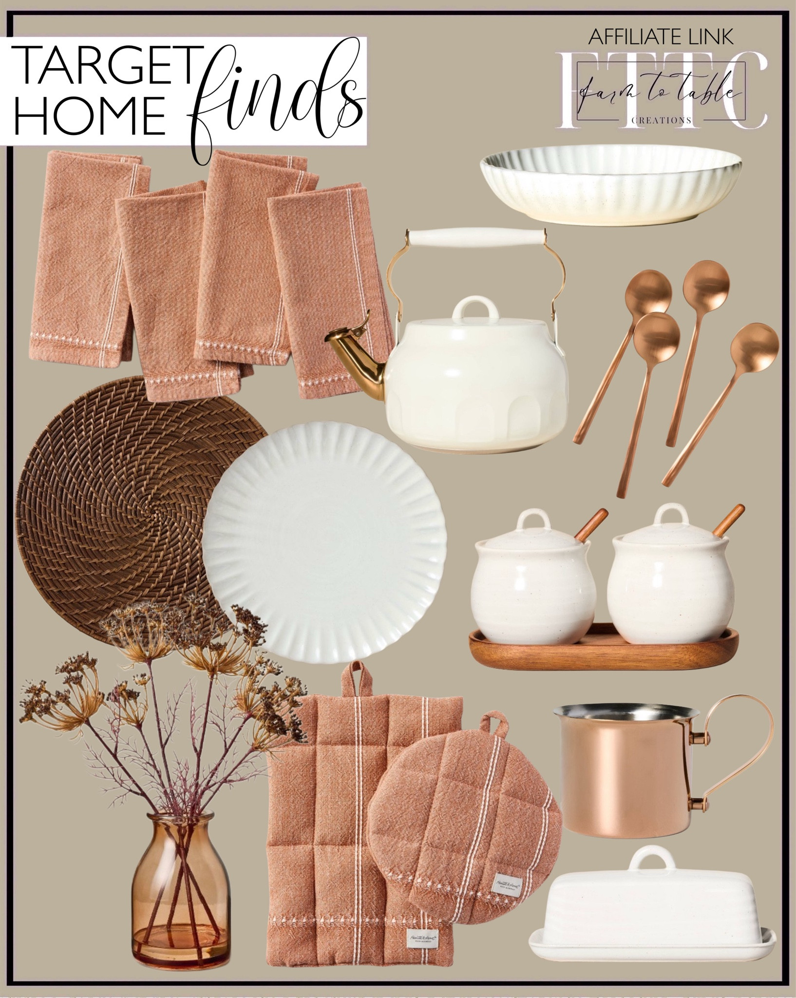 Target Home Finds. Follow @farmtotablecreations on Instagram for more inspiration.

Cloth Napkins. Oven Mitt. Copper Mugs. Salt & Pepper Cellars. Pasta Bowls. Rattan Charger/Placemat. Butter Dish. Salad Plate. Copper Spoons. Teapot. Faux Queen Anne's Lace Wildflower Mauve Fall Arrangement. Hearth and Hand. 

Target Home Finds. Kitchen Finds. Kitchen Counter Decor. Hearth and Hand. Fall Decor. Fall Home Finds  

#LTKFindsUnder50 #LTKHome #LTKSaleAlert