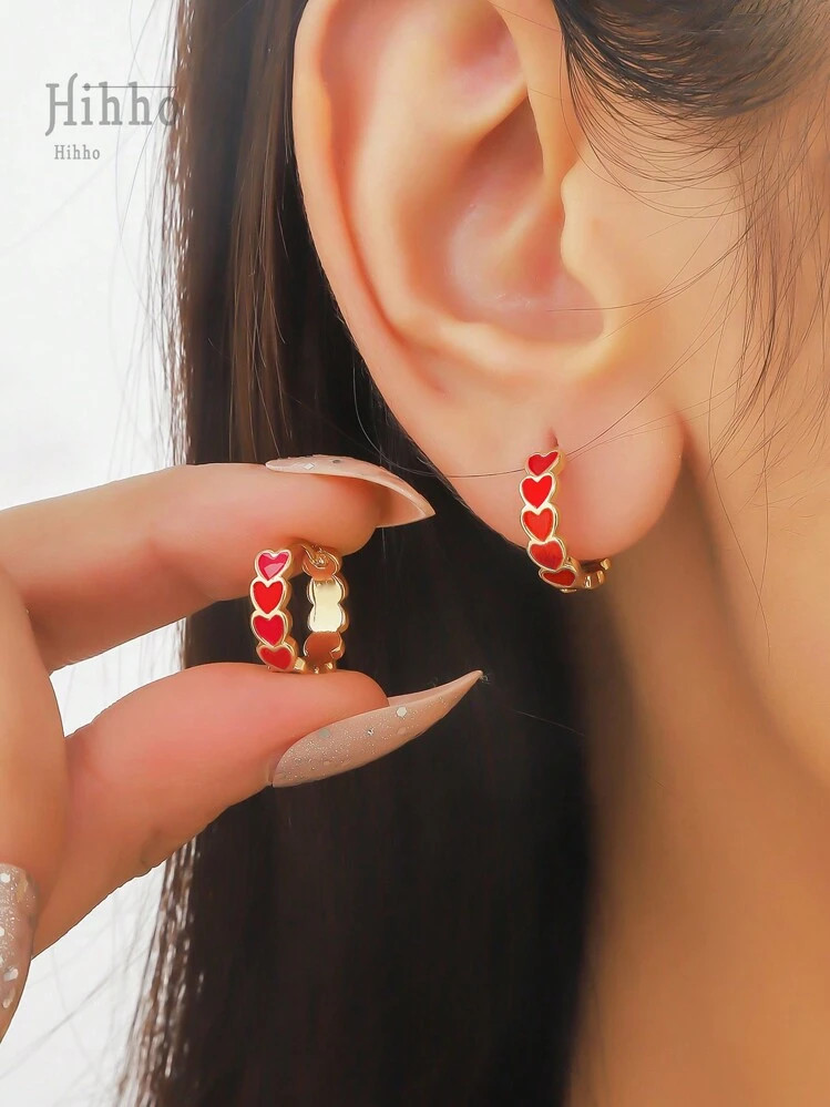 Hihho 1pair Fashionable Elegant Minimalist Red Enamel Heart Shaped Hoop Earrings, Personalized Je... | SHEIN