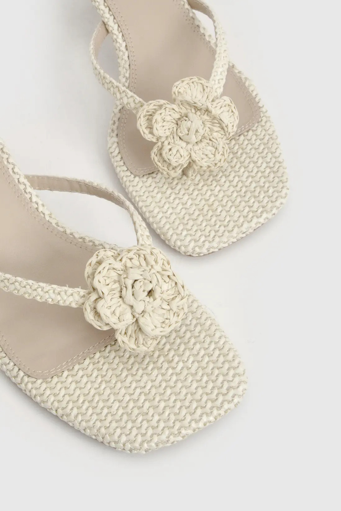 Natural Crochet Flower Detail Low Stiletto Toe Post Heeled Mules | Boohoo | Boohoo.com (UK & IE)