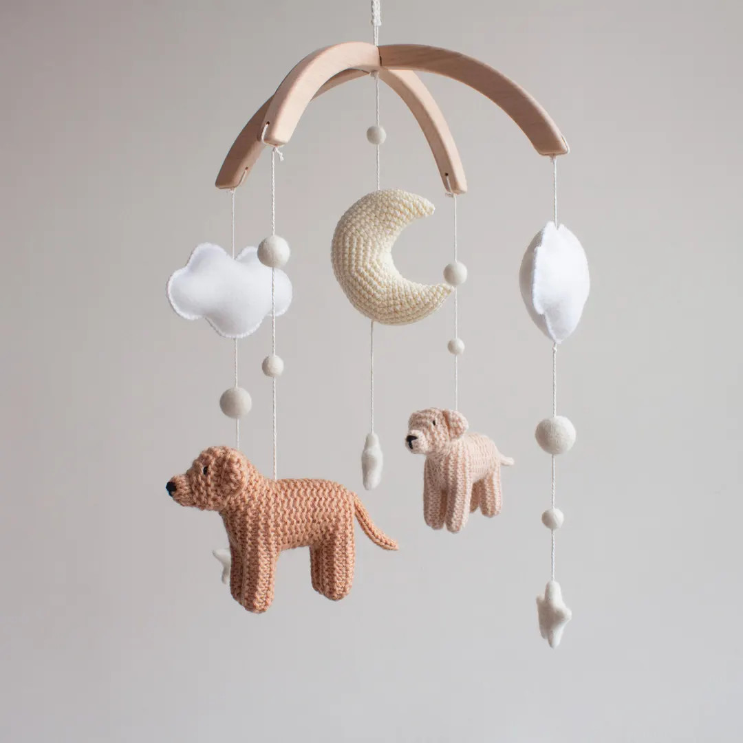 Golden Retriever Dog Baby Mobile – Knitted Puppies, Moon, Clouds Nursery Decor handmade in UK | Etsy (US)
