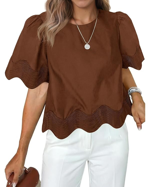 Tankaneo Womens Short Sleeve Crop Tops Summer Casual Scalloped Flowy Blouse Crewneck Ruffle Loose... | Amazon (US)
