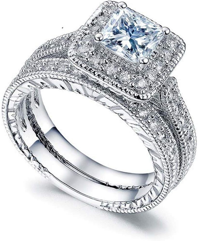Square Cubic Zirconia Bridal Set Princess Cut CZ Jewelry Engagement Wedding Rings Set | Amazon (US)
