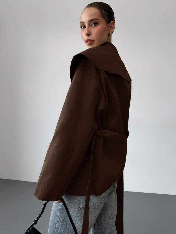 Aloruh Women's Elegant Commuting Warmth And Simplicity Brown Coat Front Tie Long Sleeve Pocket Casual Jacket, Everyday Wear | SHEIN