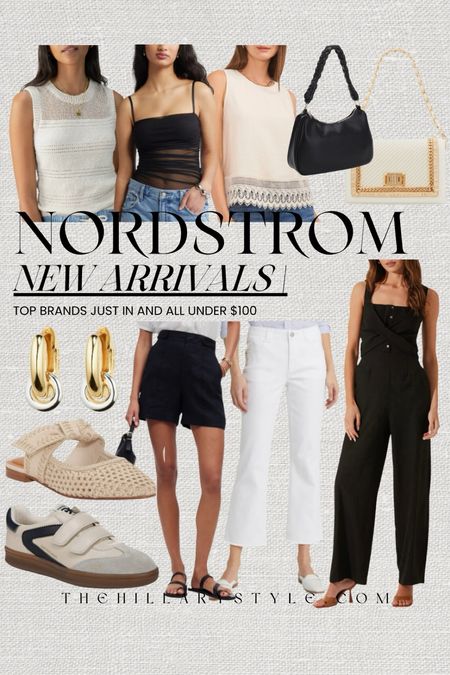 Nordstrom New Arrivals: new arrivals from top brands all under $100. Black jumpsuit, white jeans, white denim, black shorts, linen shorts, sneakers, mules, sleeveless top, sweater top, sheer top, black handbag, summer handbag, two tone hoop earrings. ASTR the Label, Madewell, Wit & Wisdom, Lucky Brand, Sam Edelman, Vince Camuto, Sanctuary, Open Edit, Mali + Lili, Aldo. Summer outfit, summer fashion, casual summer outfit.

#LTKSeasonal #LTKFindsUnder100 #LTKStyleTip