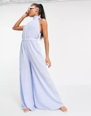 ASOS DESIGN halter beach jumpsuit in icy blue | ASOS (Global)