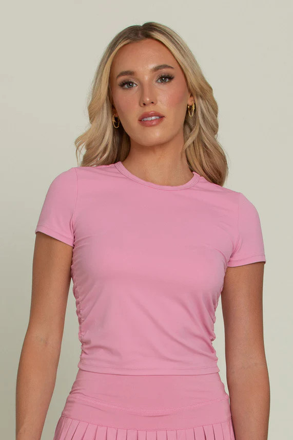 True Pink Side Ruched Short Sleeve Top | Gold Hinge