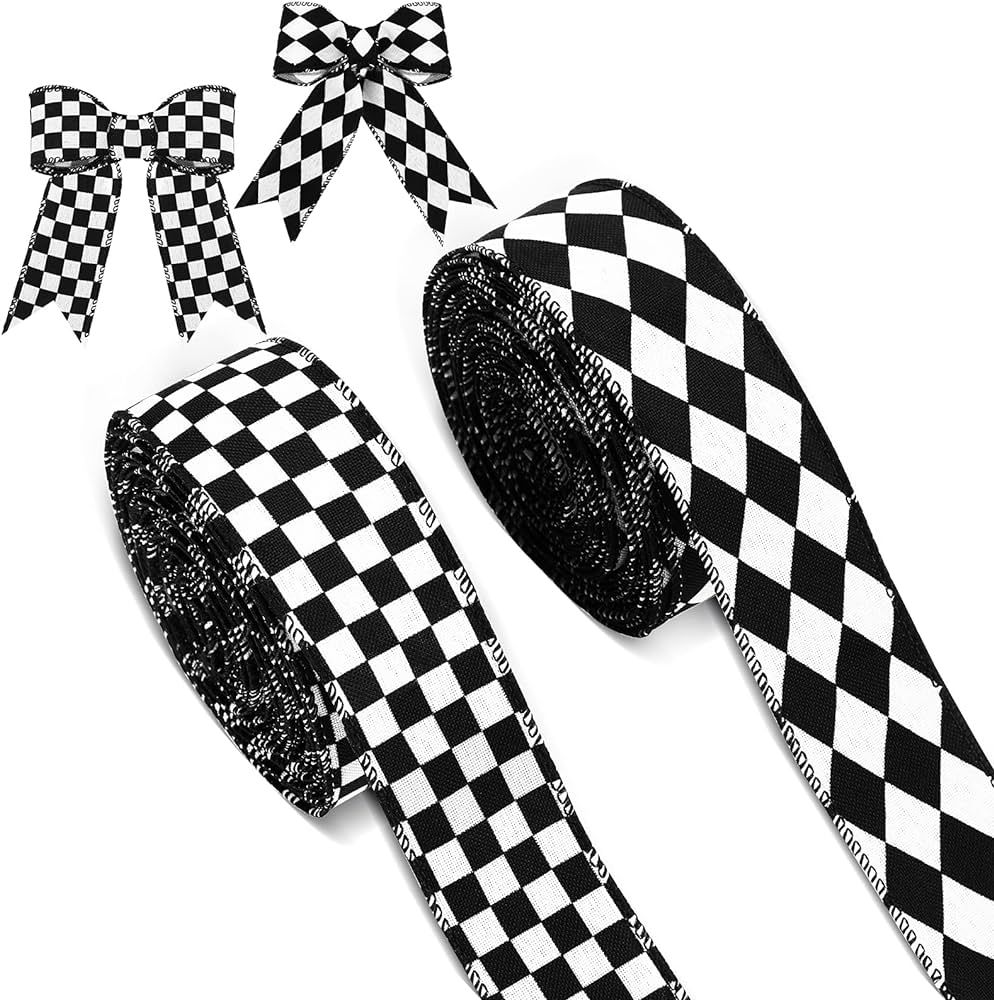 2 Rolls/ 20 Yards Black and White Checkered Ribbons Buffalo Plaid Wired Edge Ribbon Diamond Check... | Amazon (US)