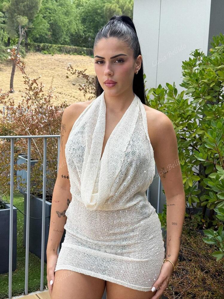 Lucia Bellido Halter Neck Draped Extreme Sleeveless Fitted Mini Dress Ibiza Outfit, Holiday, Spring, Summer, Vacation, Beach Sequin ,Party Dress Rave Concert Festival Night Out | SHEIN