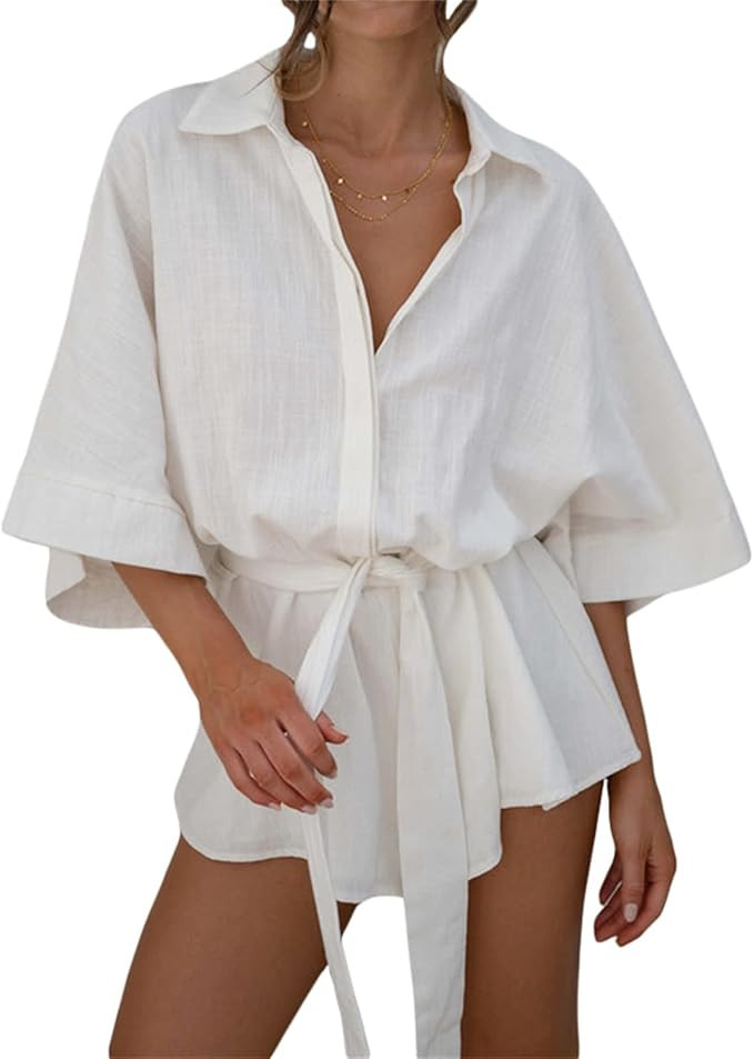 NUFIWI Women Summer V Neck Jumpsuit Long Baggy Sleeve Button Short Romper Ruffle Hem Waist Tie Ju... | Amazon (US)