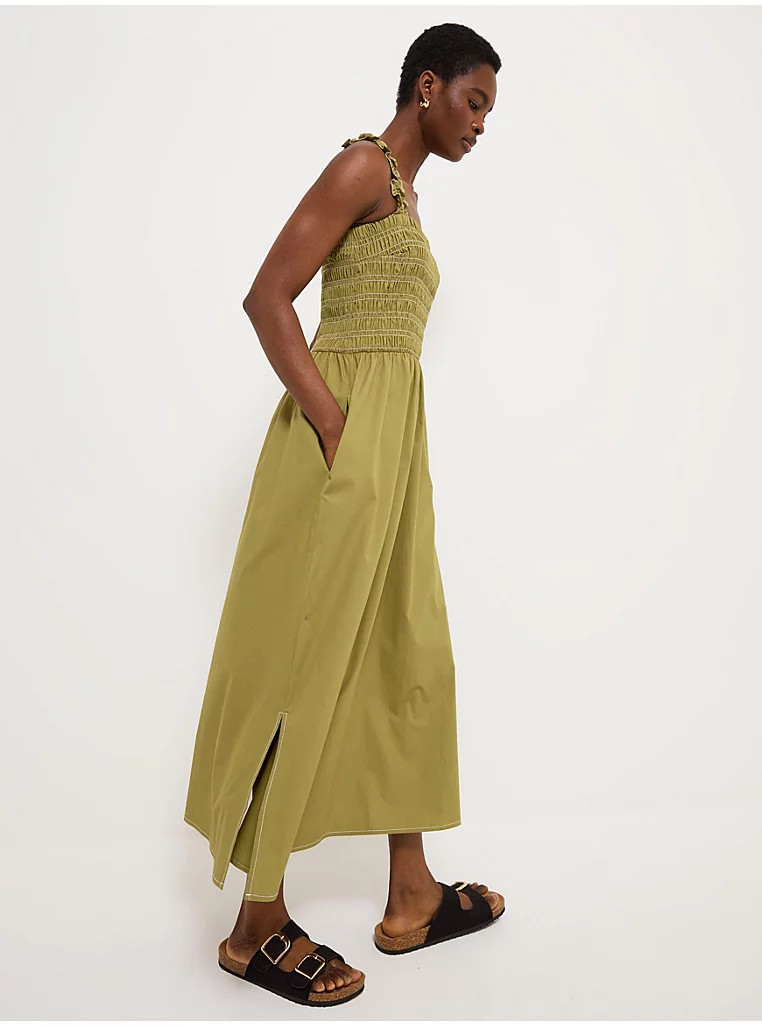 Olive Green Shirred Sleeveless Poplin Midi Dress | George