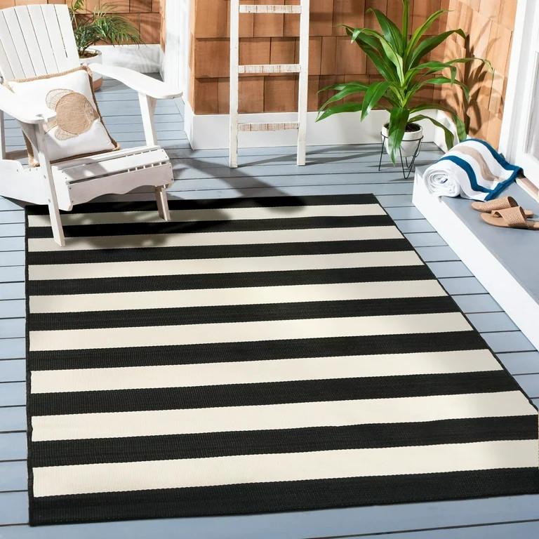 Better Homes & Gardens 7' x 10' Black and White Cabana Stripe Outdoor Rug | Walmart (US)