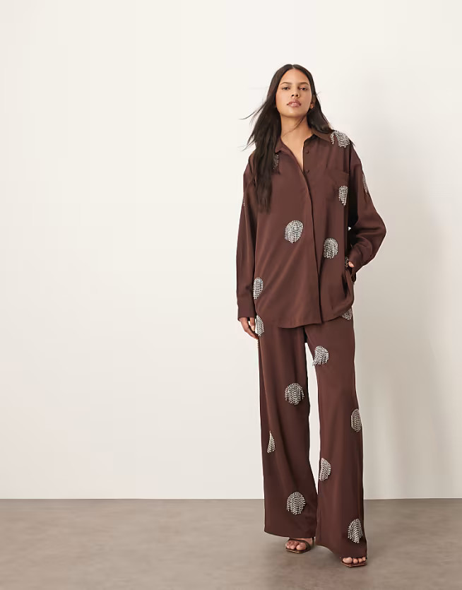 ARRANGE embellished rhinestone fringe polka dot wide leg pants in chocolate - part of a set | ASOS (Global)