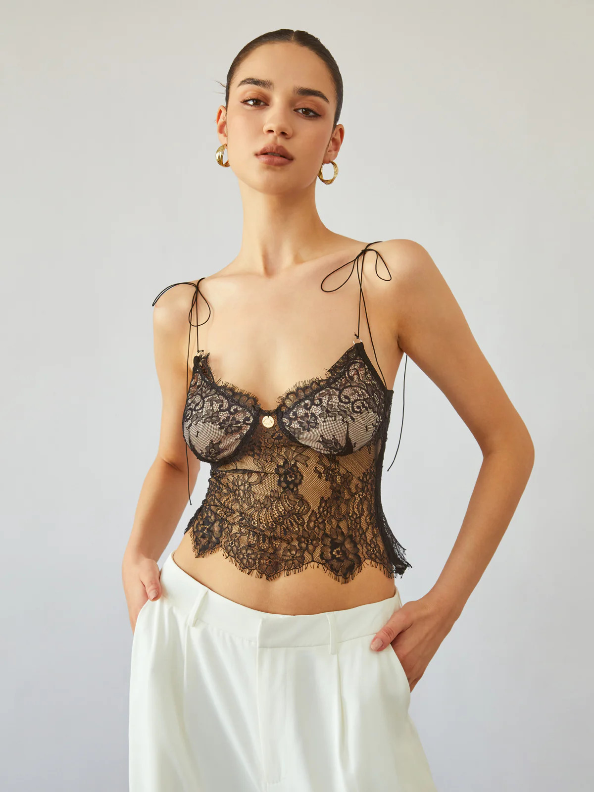 Sheer Tie Shoulder Floral Lace Cami Crop Top | Commense