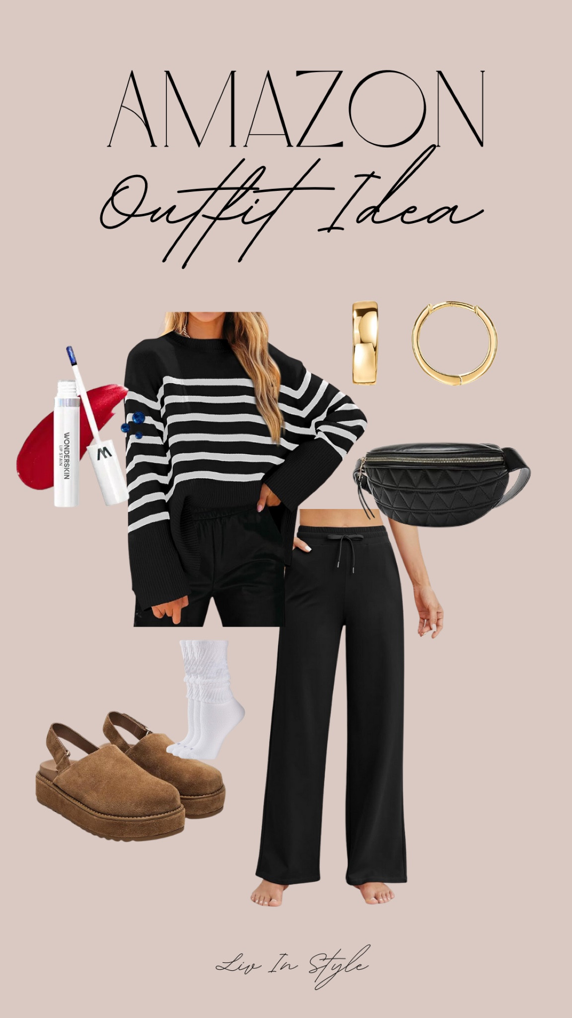 Amazon casual outfit idea - wide leg pants, stripe sweater, clog look a likes, belt bag and gold accessories. 

#LTKStyleTip #LTKSeasonal #LTKFindsUnder50