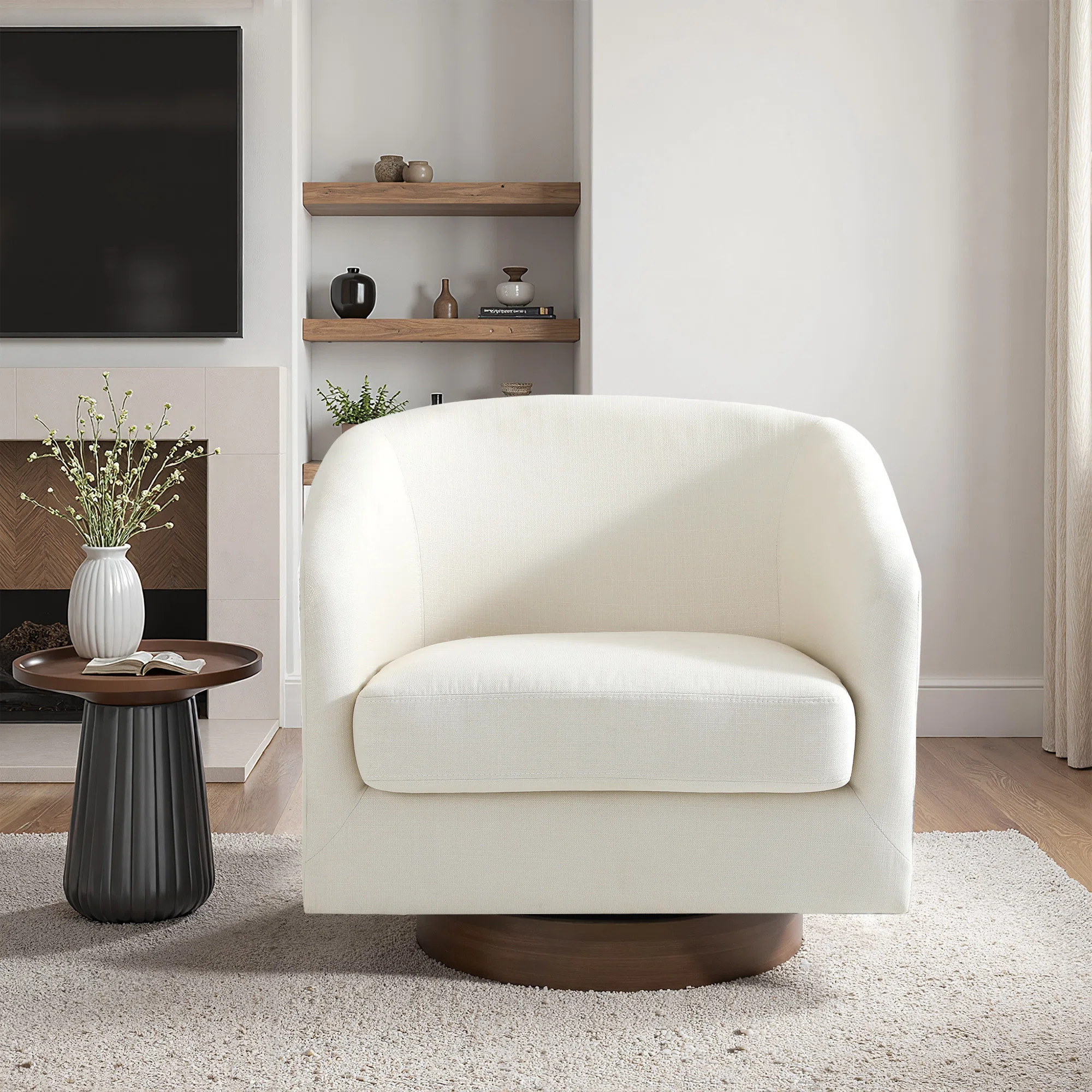 Applewold Upholstered Beige Cotton Blend Swivel Barrel Chair with Solid Wood Base | Wayfair North America