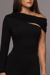 Black Zoie Knit One Shoulder Bodysuit | JLUXLABEL