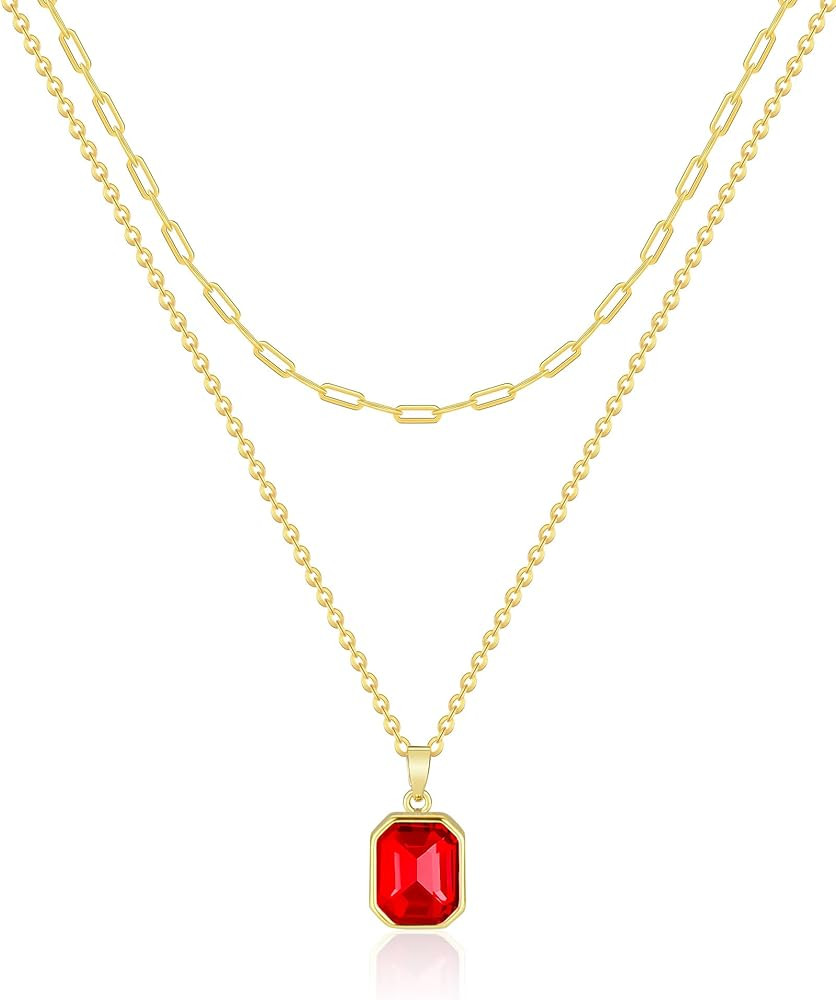 Gold Layered Necklaces for Women, 18k Gold Plated Crystal Necklace Paperclip Choker Emerald Green... | Amazon (US)