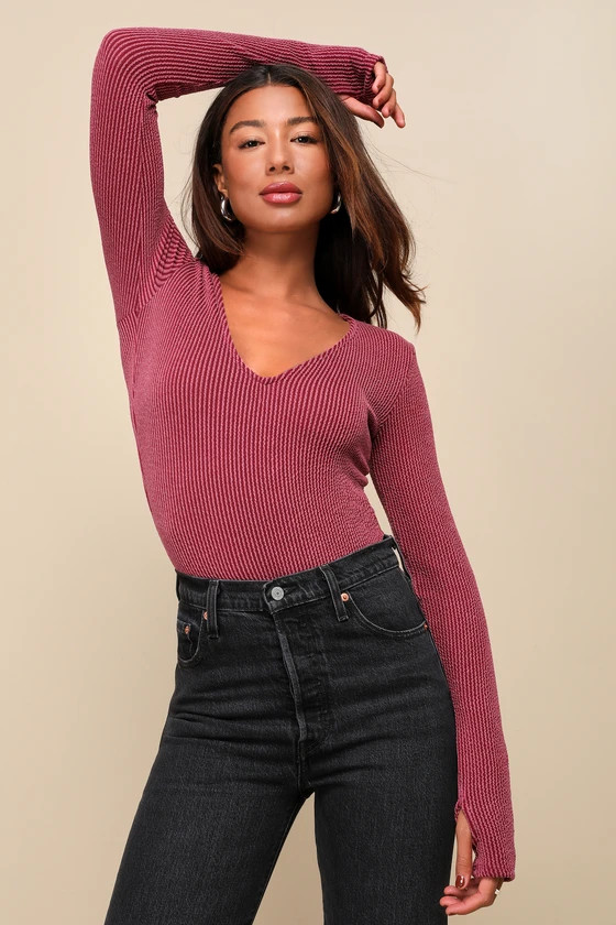 Signature Stunner Plum Textured Ribbed Knit Long Sleeve Top | Lulus