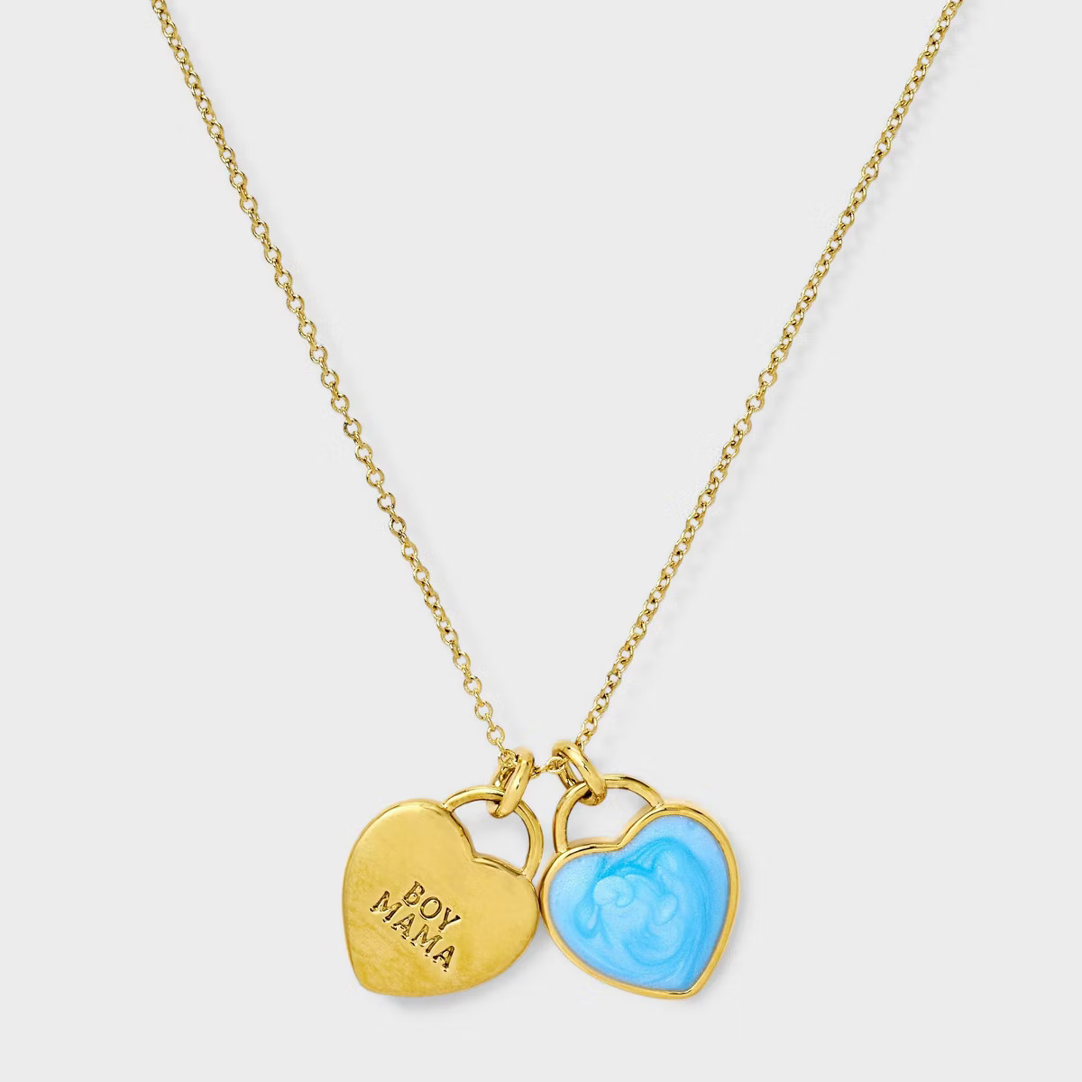 Tiny Tags 14K Gold Ion Plated "Boy Mama" Heart with Blue Swirl Enamel Double Heart Pendant Neckla... | Target