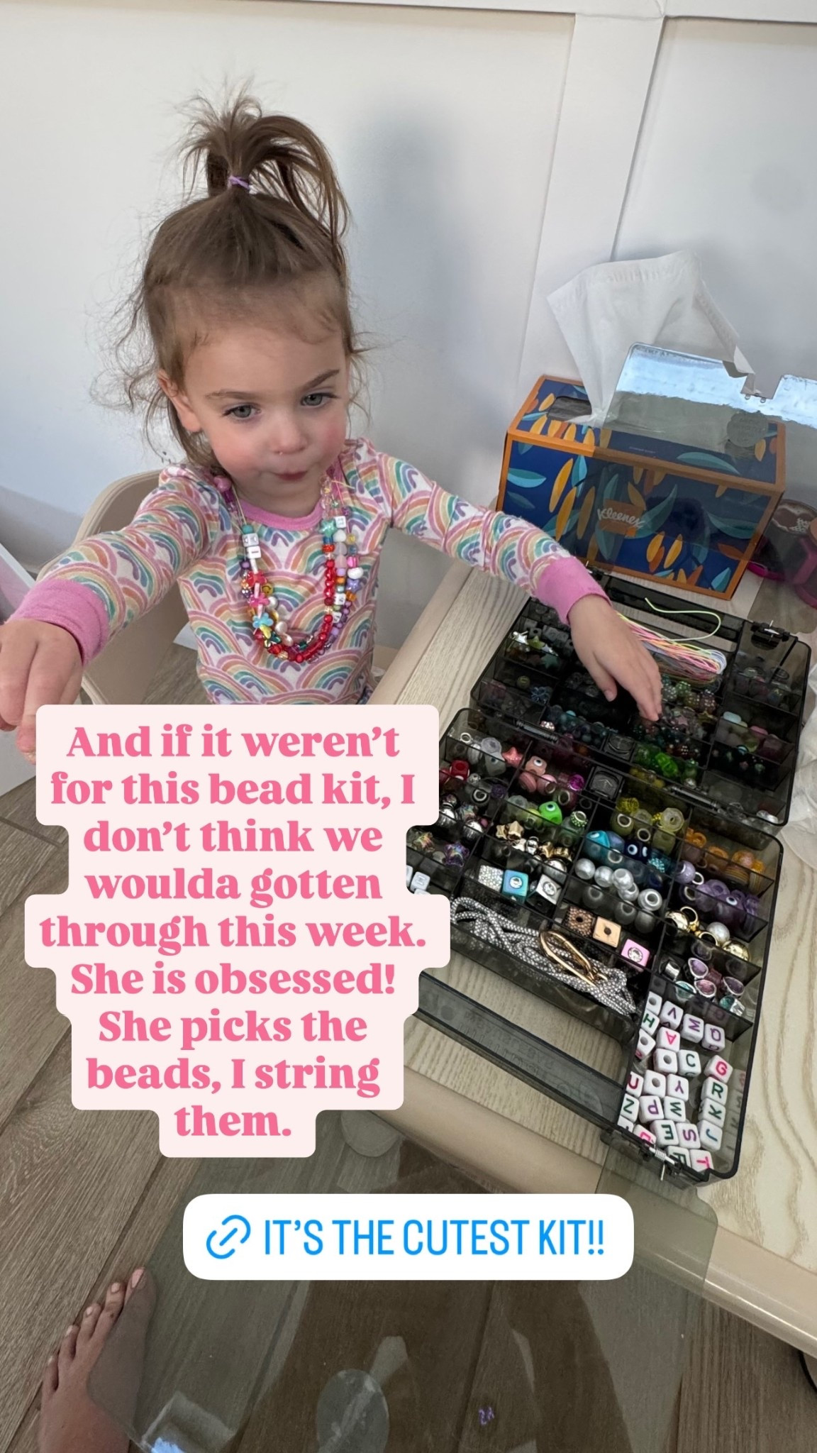 And if it weren’t for this bead kit, I don’t think we woulda gotten through this week. She is obsessed! She picks the beads, I string them.  @baublebar