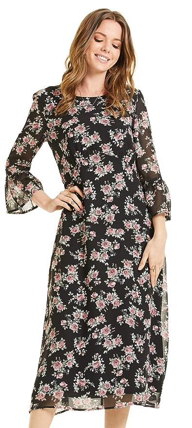 SONJA BETRO Women's Printed Chiffon 3/4 Bell Ruffle Sleeve Empire Midi Dress Plus Size | Amazon (US)