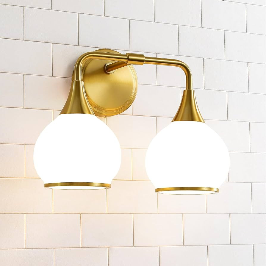 Brushed Gold Bathroom Light Fixtures 2-Lights Vanity Lights with Milky White Frosted Glass Shade ... | Amazon (US)