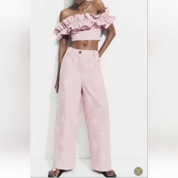 Zara Embroidered Linen Viscose blend High waisted pants | Poshmark