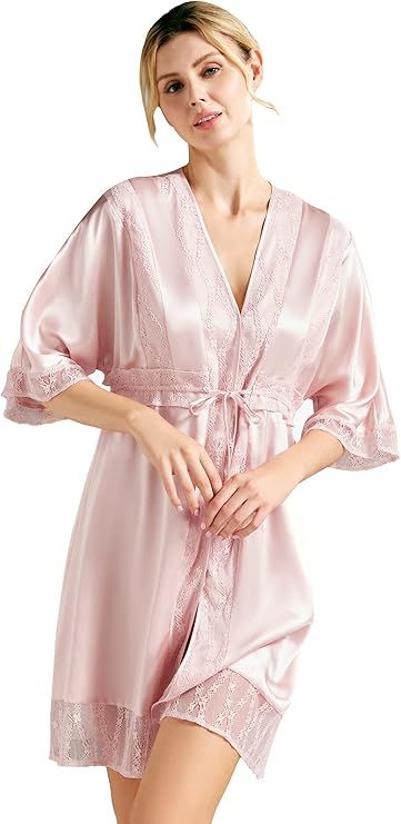 AW BRIDAL Womens Short Silk Robe Kimono Satin Bathrobe Sexy V-Neck Sleepwear With Lace for Bride,... | Amazon (US)