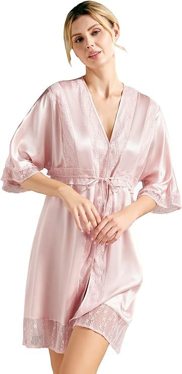 AW BRIDAL Womens Short Silk Robe Kimono Satin Bathrobe Sexy V-Neck Sleepwear With Lace for Bride,... | Amazon (US)