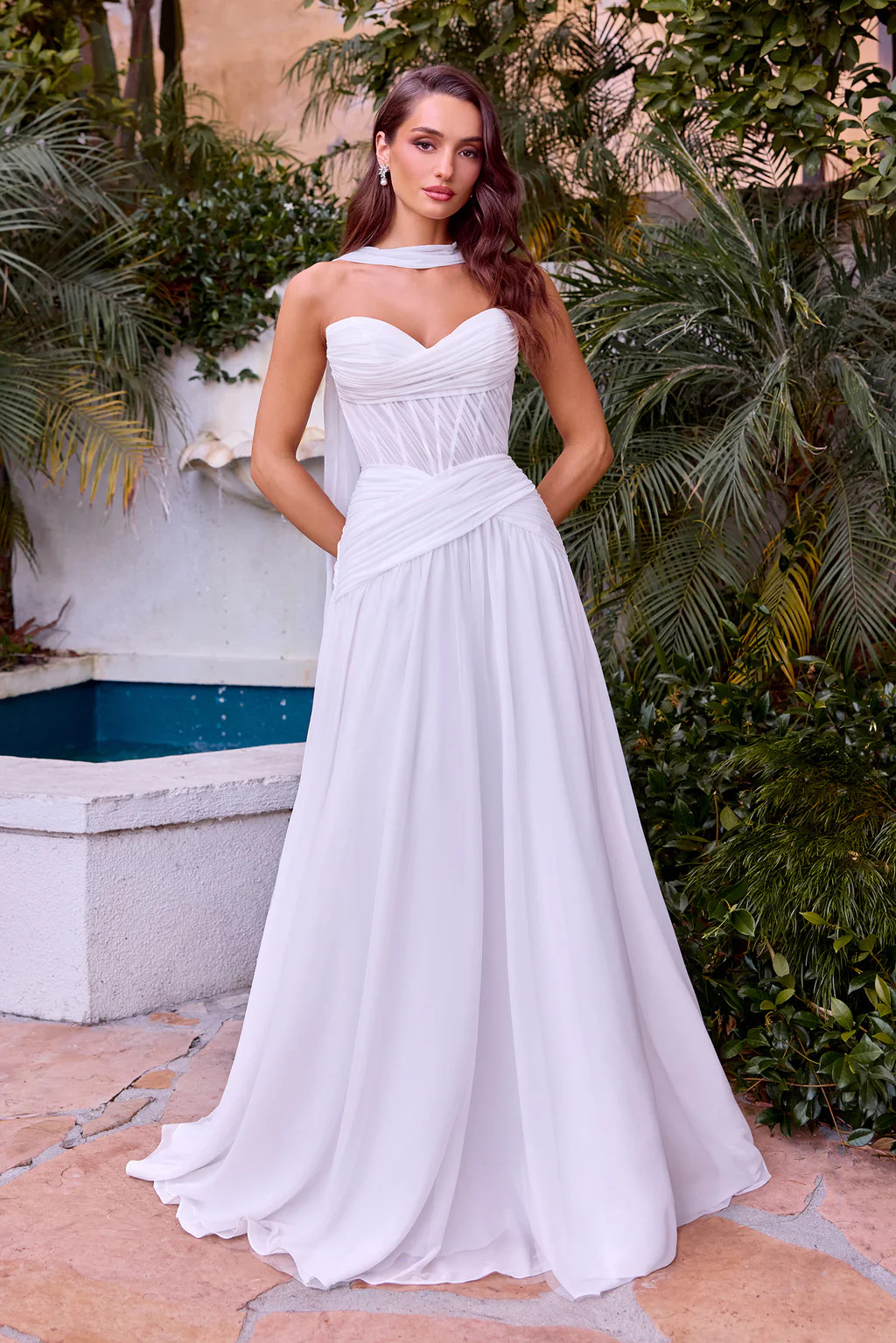 Kimberly Gown - Off-White Chiffon A-line Dress With Scarf | Lady Black Tie