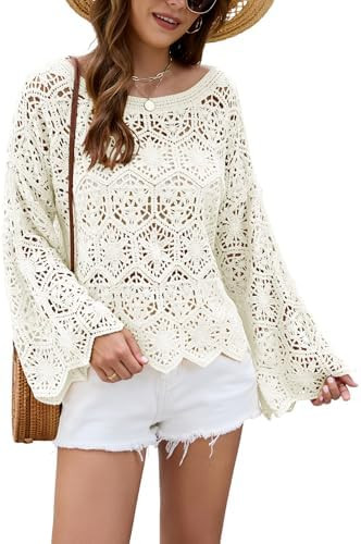 Allimy Womens Oversized Long Bell Sleeve Boat Neck Crochet Tops Hollow Out Knit Sweater Pulllover... | Amazon (US)