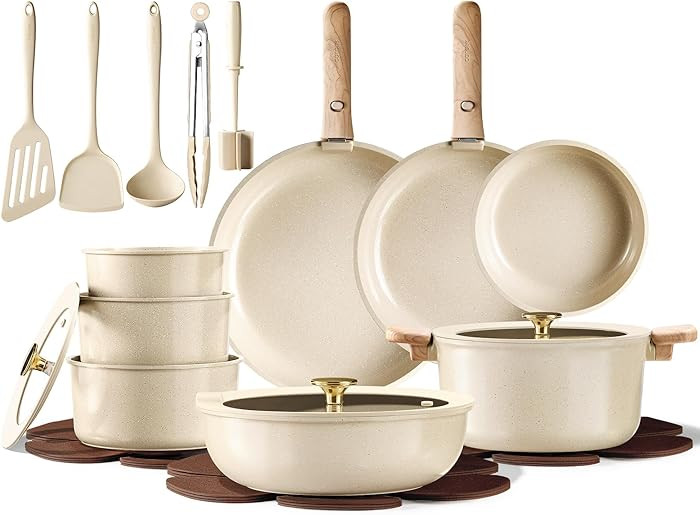 CAROTE 25PCS Ceramic Cookware Set, Pots and Pans set Non Stick, RV Kitchen Cooking Set Removable ... | Amazon (US)