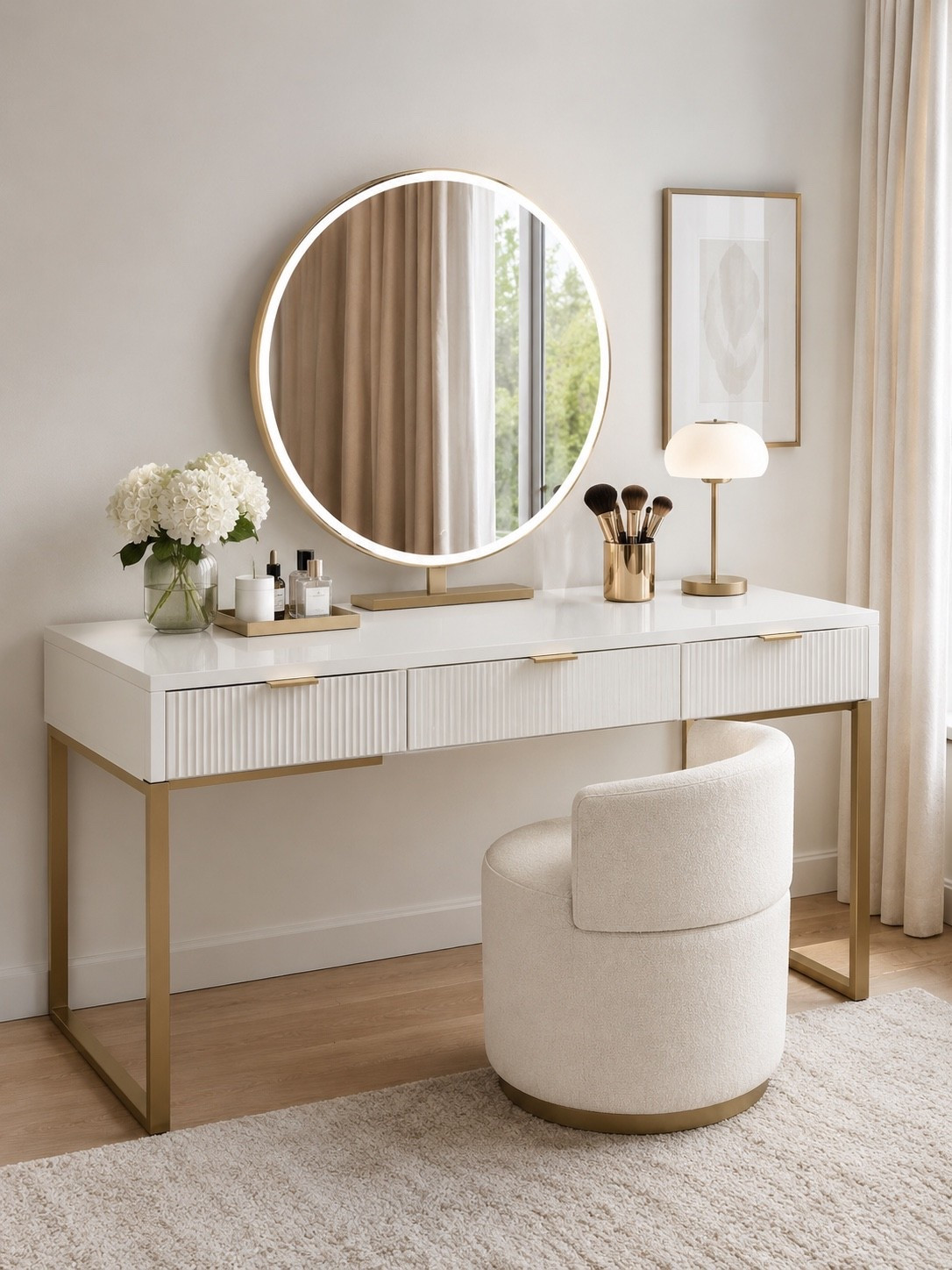 Elegant vanity setup with soft neutrals, warm brass details, and a clean refined glow.

#vanitysetup #luxuryvanity #makeupvanity #vanityinspo #neutralinterior #interiordesign #homedecor #minimalvanity #softluxury #dressingroom #beautycorner #modernhome #eleganthome #pinteresthome #ltkhome #vanitydecor #calmhome #refinedinteriors #girlyhome #minimalinterior