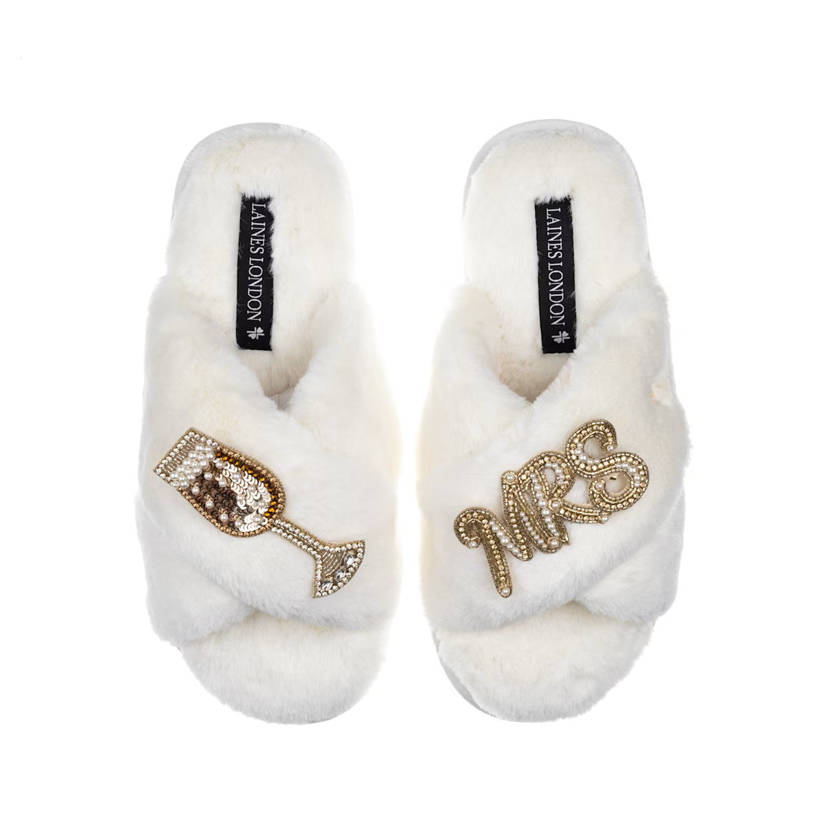 Classic Laines Slippers With Wedding Champers & Mrs Brooches - Cream | Wolf & Badger
