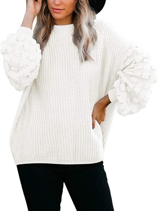 Sovoyontee Women's Cute Oversized Crewneck Loose Puff Sleeves Chunky Knit Pullover Sweater | Amazon (US)