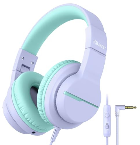 iClever HS19 Kids Headphones for School with Microphone, Safe Volume Limiter 74/85dBA, Over-Ear Girls Boys Headphones for Kids with FunShare Foldable Wired for iPad/Travel (Purple) | Amazon (US)