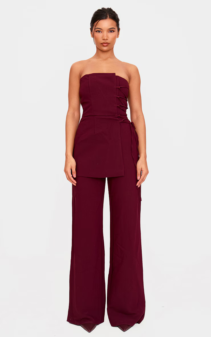 PLT Label Deep Burgundy Overlay Tailored Jumpsuit | Jumpsuits & Rompers | PrettyLittleThing US