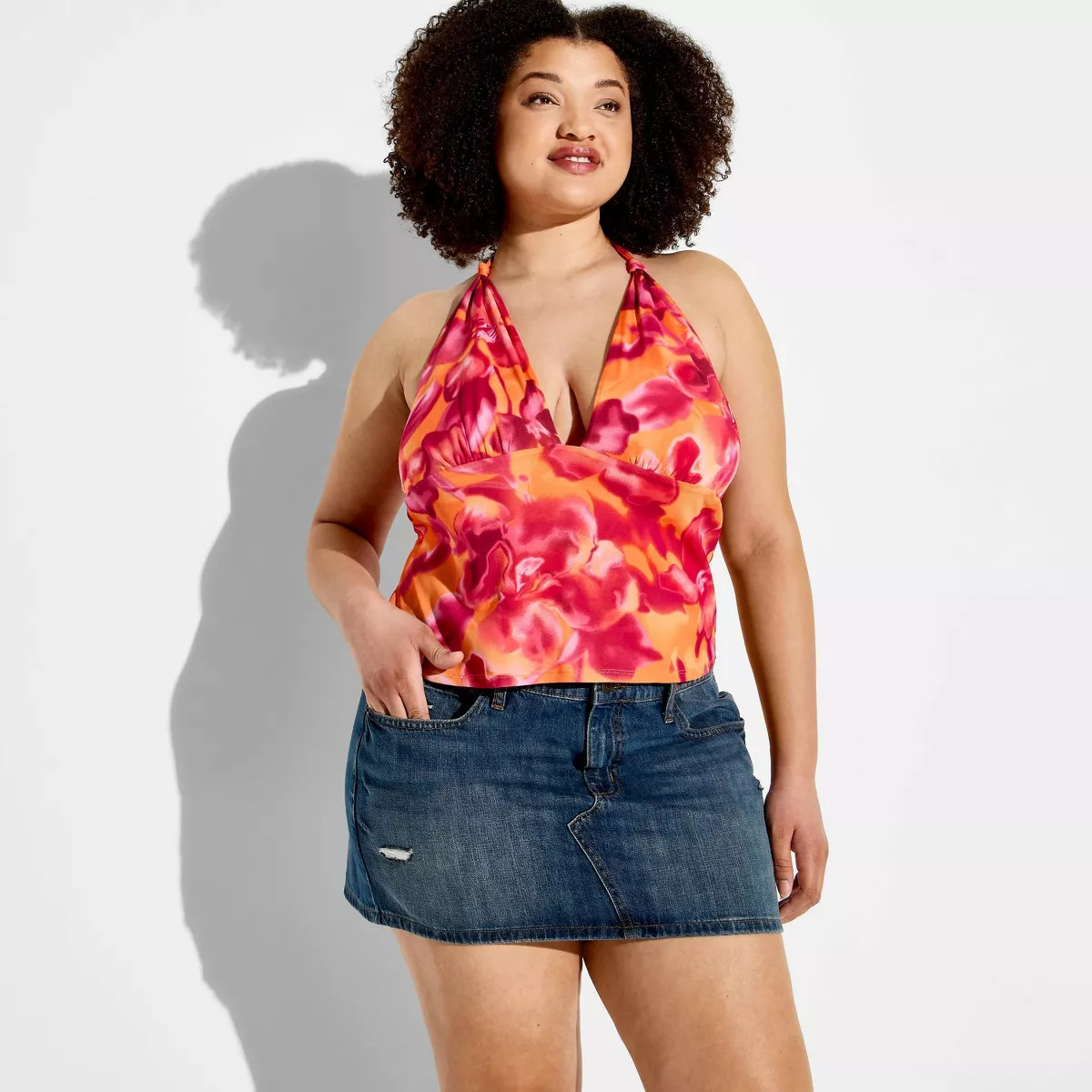 Women's Knotted Halter Top - Wild Fable™ Orange Floral XXL | Target