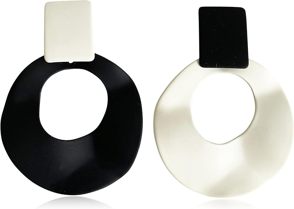 Unique Minimalist 70s 80s Vintage Metal Black White Round Circle Dangle Drop Earrings Elegant Chi... | Amazon (US)