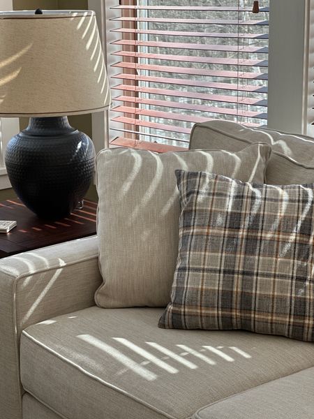 Neutral and plaid throw pillows with classic black table lamp.

(Sofa is sand color.)

#LTKxTarget #LTKhome #LTKstyletip