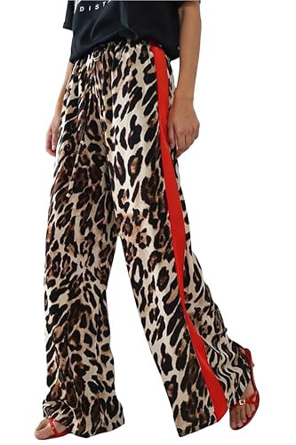 HVEPUO Leopard Print Pants for Women High Waisted Wide Straight Leg Summer Casual Drawstring Chiffon Trousers with Side Stripe Light Brown Leopard Red M | Amazon (US)
