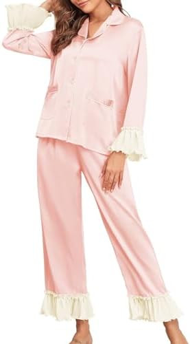 Brosloth Womens Silk Satin Button Up Pajamas for Women Soft Comfy Long Sleeve 2 Piece Loungewear ... | Amazon (US)