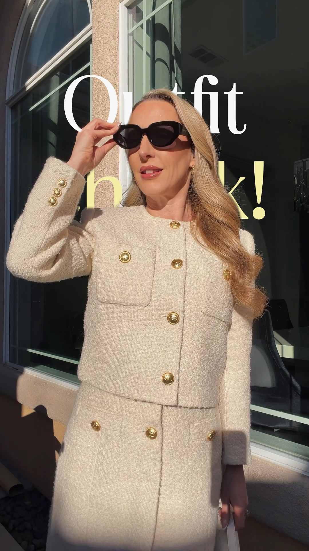 #ad Elegant OOTD: sunglasses trends include statement oversized cat eye sunglasses like these black FREYRS Sunglasses that are so retro glam and provide so much sun protection. Styled with a cream boucle dress and matching cream blazer with gold buttons. 

#LTKWorkwear #LTKootd #LTKgrwm