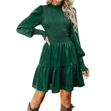 Cupshe Women s High Neck Ruched Short Length Dresses Long Sleeves Smocked Dress with Tiered Hem Polyester | Walmart (US)