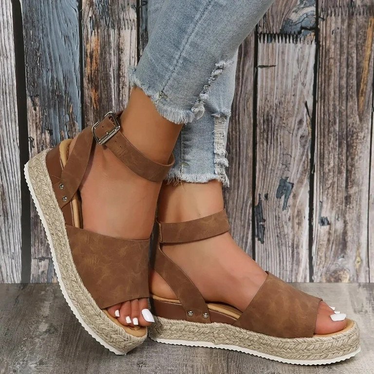 Dakaela Espadrilles Flatform Wedge Sandals for Women Open Toe Buckle Ankle Strap Platform Walking... | Walmart (US)