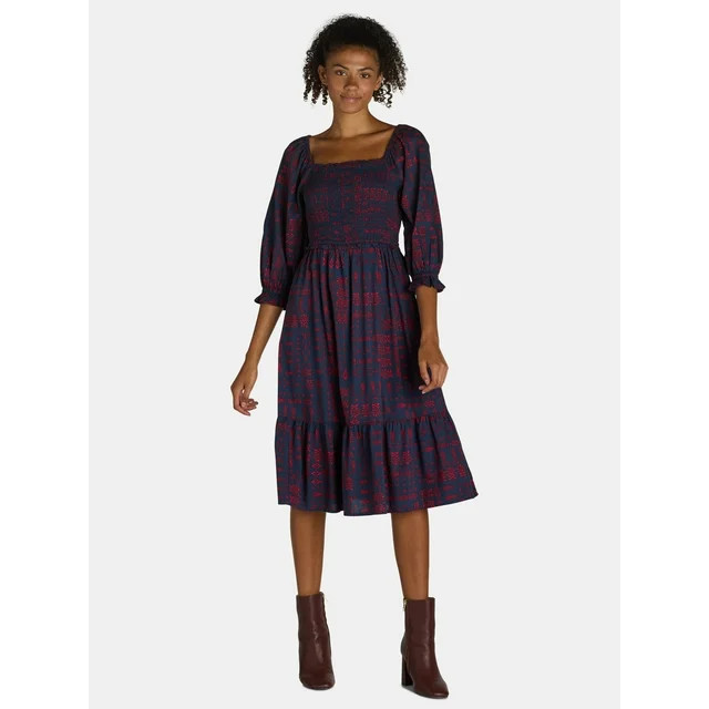 The Pioneer Woman Smocked Bodice Midi Dress, Women’s and Women’s Plus, Sizes XS-3X | Walmart (US)