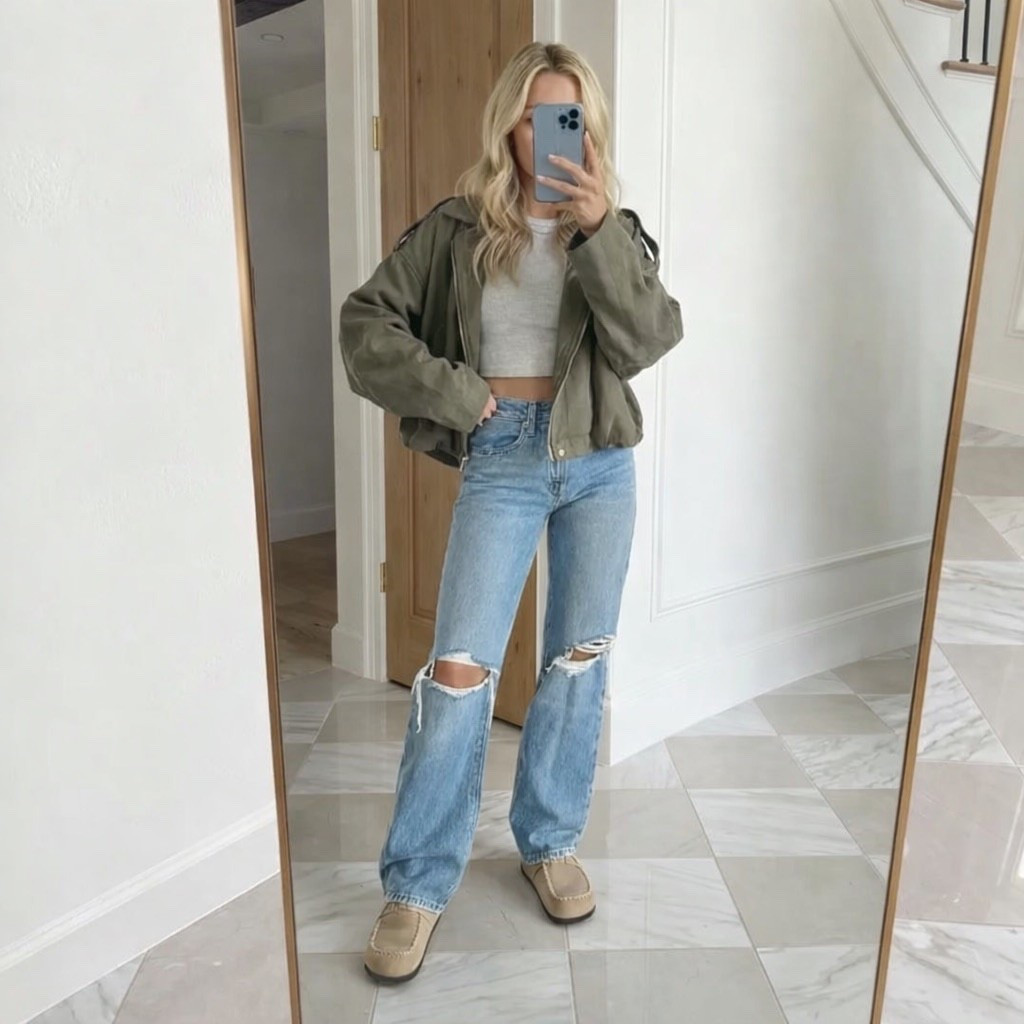 A full-length mirror selfie of a stylish woman with loose, wavy blonde hair standing in a bright, modern home. She wears a cropped neutral knit top layered under an oversized olive-green utility jacket, paired with high-waisted light-wash distressed straight-leg jeans and taupe suede loafers. Minimal, clean interior with white walls, light marble-pattern tile flooring, and a natural wood door in the background. Soft natural daylight, neutral color palette, casual elevated street style aesthetic, effortless off-duty look, modern minimal fashion, cozy chic vibe, lifestyle influencer style, editorial yet relaxed composition.

⸻

Hashtags

Style / Outfit

#CasualChic
#EverydayStyle
#OffDutyStyle
#EffortlessFashion
#StreetStyleVibes
#ModernBasics

Aesthetic / Color

#NeutralStyle
#EarthToneStyle
#OliveGreen
#CleanAesthetic
#MinimalVibes
#SoftNeutrals

Seasonal / Lifestyle

#FallStyle
#WinterOutfits
#LayeredLook
#WeekendStyle
#ComfortMeetsStyle

Pinterest / IG Reach

#OutfitInspo
#StyleInspo
#WhatIWore
#MirrorOutfit
#CapsuleWardrobe
#ClosetEssentials


#LTKgrwm #LTKdayinmylife #LTKValentine