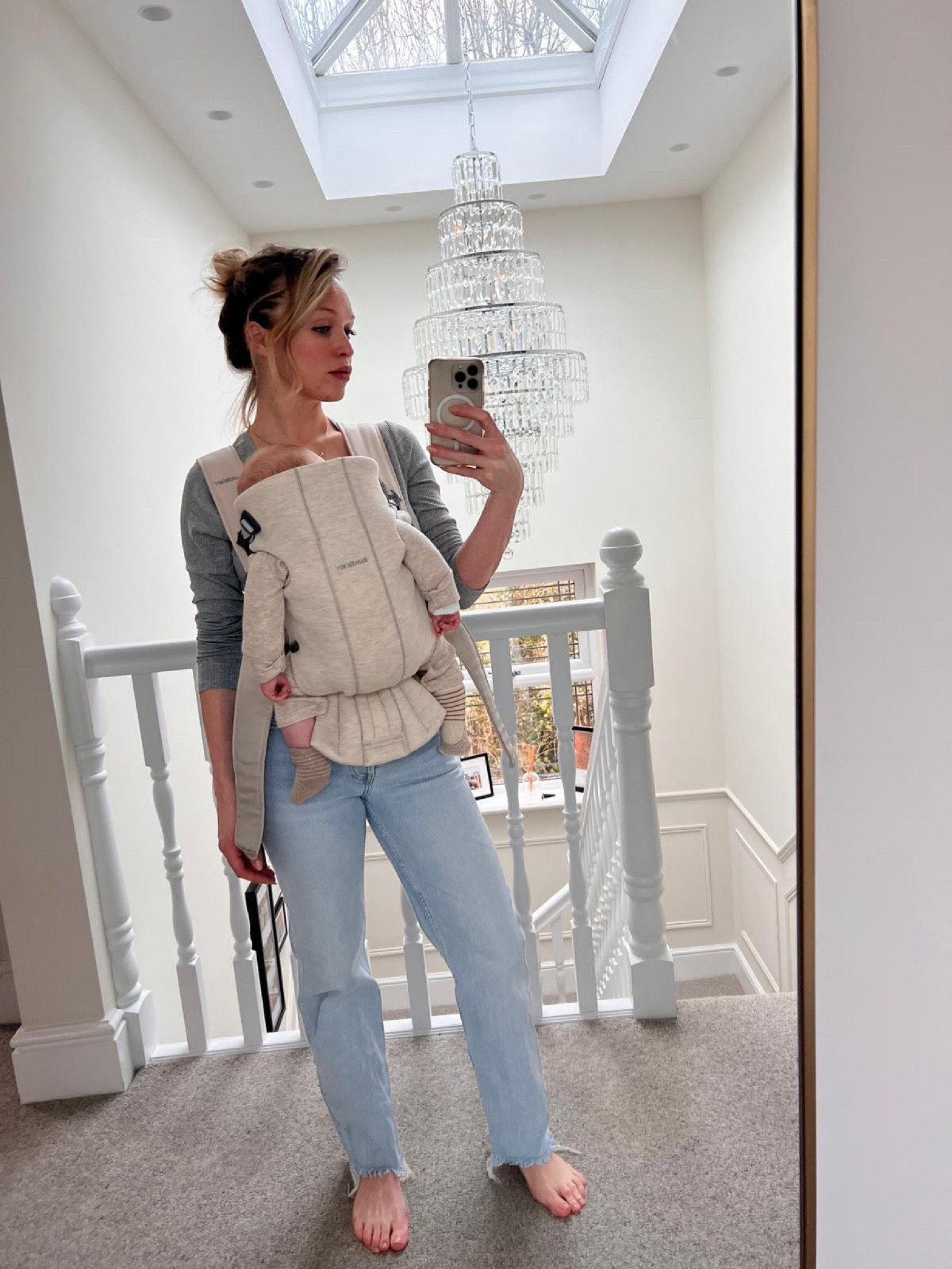 Baby carrier, baby essentials, new mum, new mom, grey long sleeve basics, wardrobe essentials, capsule wardrobe, mom jeans, straight jeans, light wash denim, skims, outfit ideas, PLT

#LTKeurope #LTKfit #LTKbaby